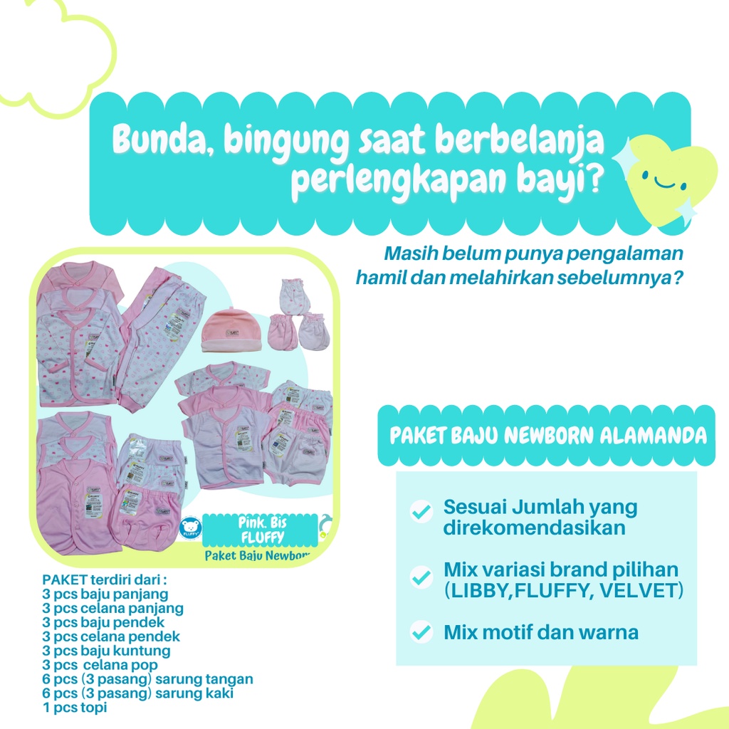 FLUFFY / LIBBY / VELVET (Pink) Paket Baju Bayi Baru Lahir, Paket Murah Lengkap newborn,  stelan Size 0-3 &amp; Size S