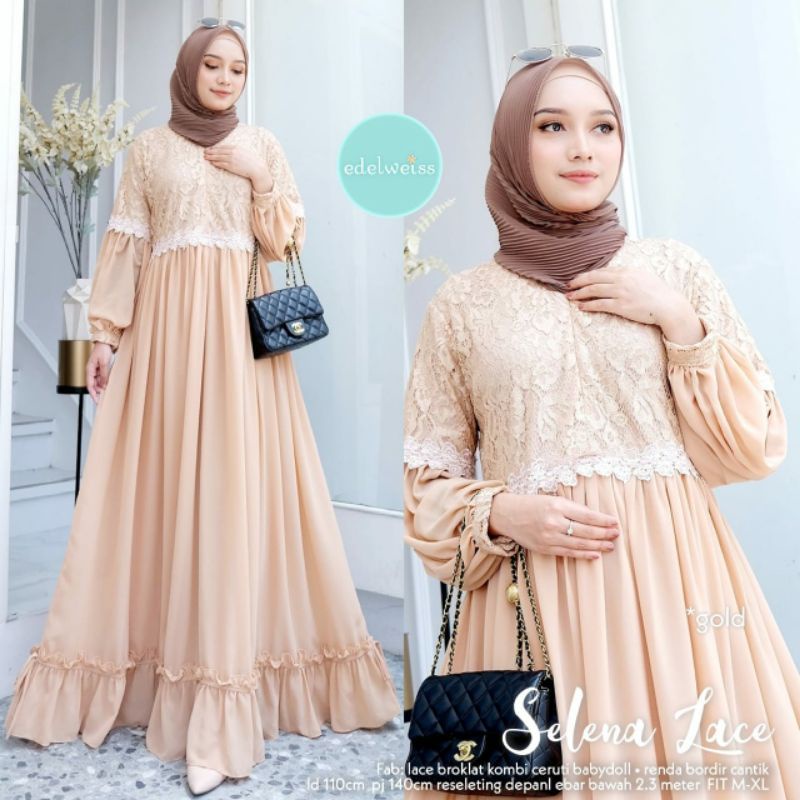 Ready New Salena,COD Dress wanita muslimah Gamis baju midi muslim wanita gaun lebaran oneset hijab s