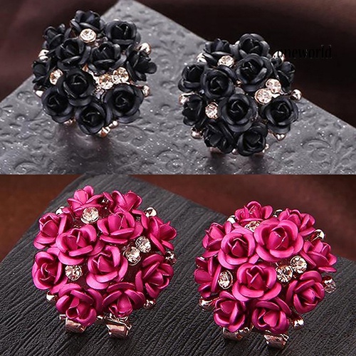 OW@ Women Fashion Elegant Inlaid Rhinestone Blooming Rose Flower Ear Studs Earrings