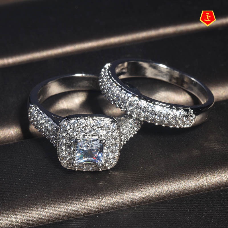 [Ready Stock]Fashion Luxury Square Diamond Couple Ring Set