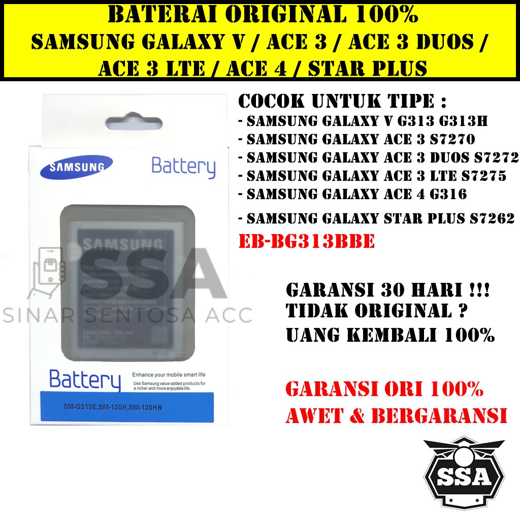 Baterai Original 100% Samsung Galaxy V Ace 3 Duos LTE Ace 4 Star Plus G313 G313H S7270 S7262 S7275 G316 S7272 Batre Batrai Batrei Battery Ori Hp Awet Murah Garansi