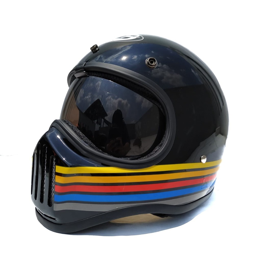 Helm Cakil HBC Strip Black Glossy + Inner Visor ( Fullface / Retro / Klasik / Vespa )