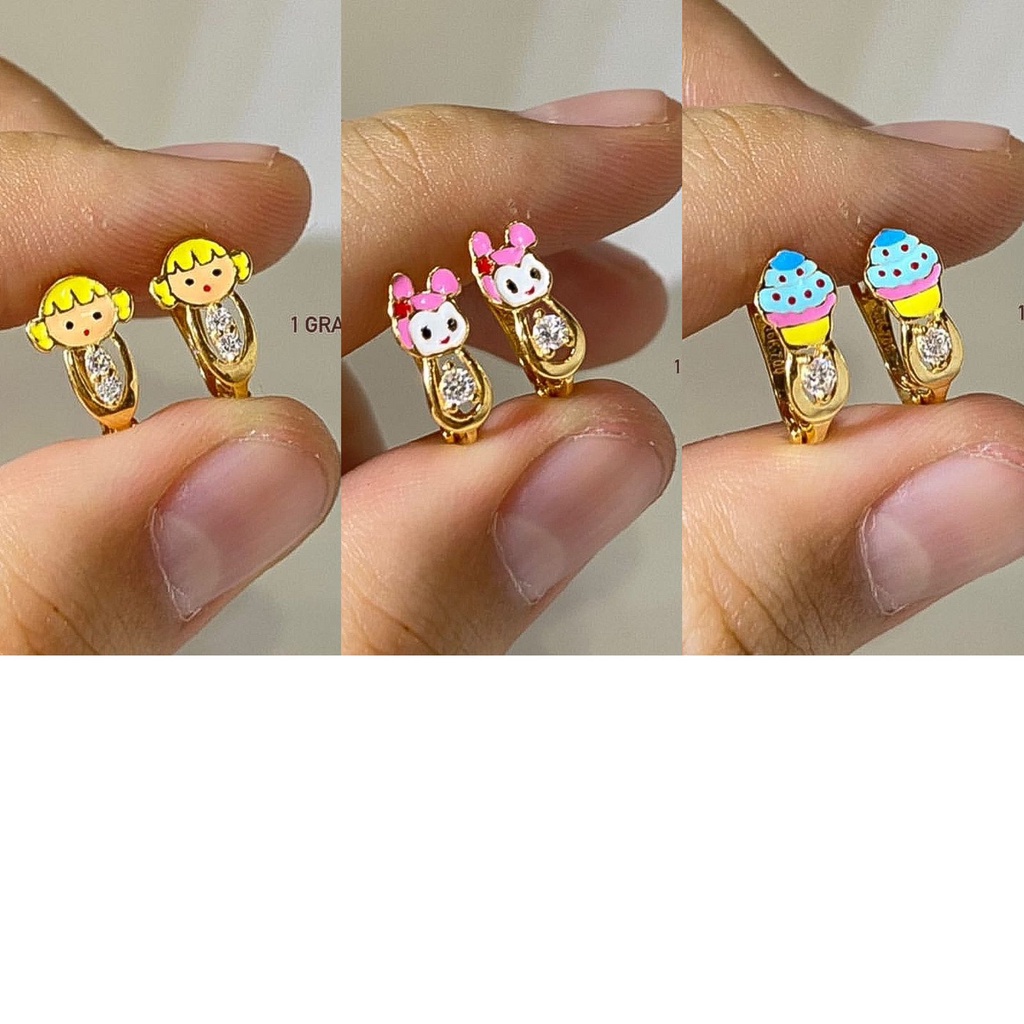 Banyak motif yaa Anting anak anak dan dewasa emas asli kadar 700 70 16k kerabu giwang cetek jepit boneka rilakuma cupcake doraemon cewek pink barbie line panda sally rabbit kupu kupu2 cupcake baby mix warna warni bayi baby 1 gram gr