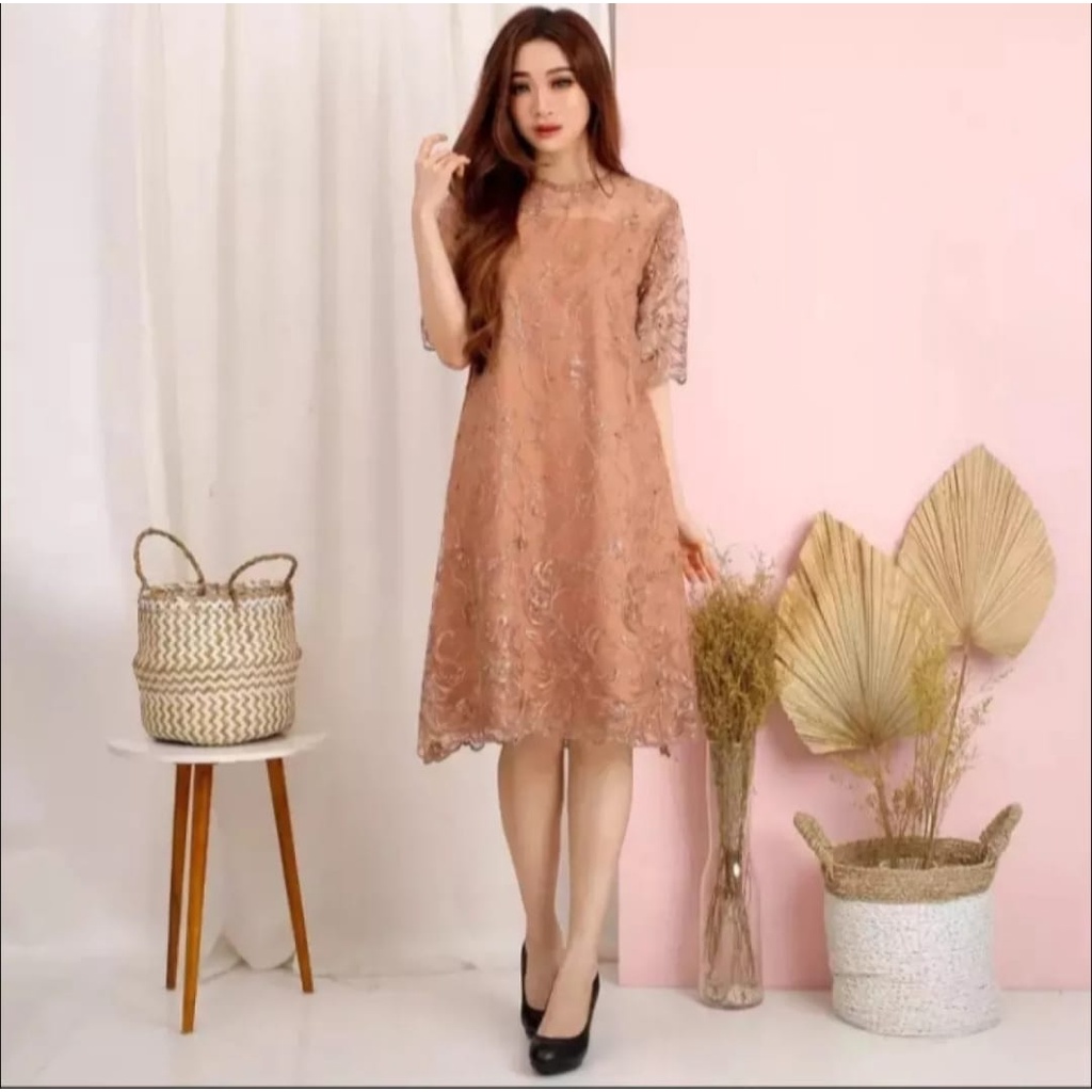 [Cod] Dress Natal /Dress Brukat Tille Premium  / Dress Pesta wanita / Dress Brukat pendek / Baju Kon