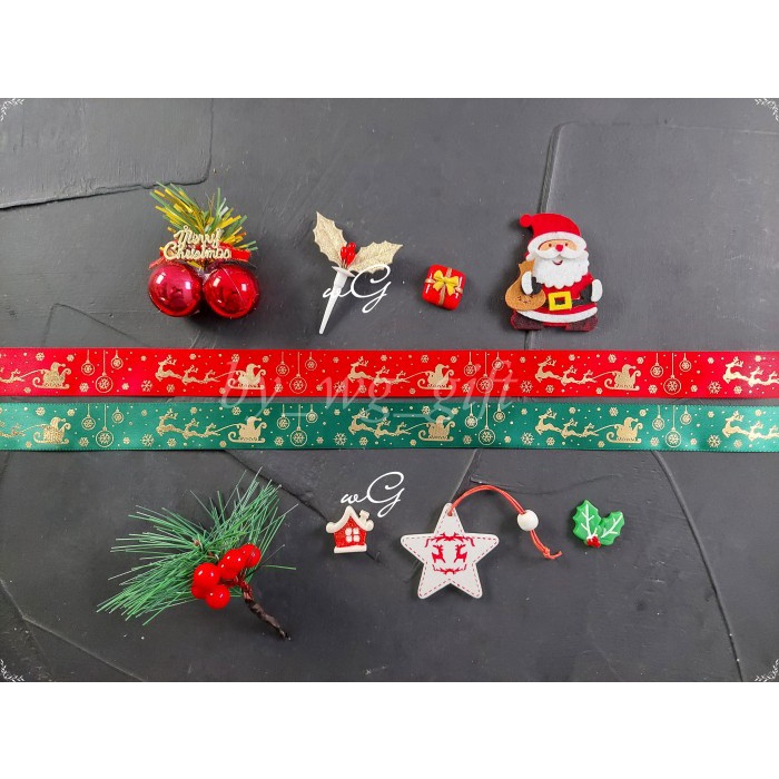 

Pita Natal Christmas - Satin - Merah / Hijau - Emboss G ; Lebar 1 cm