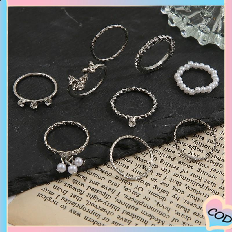 COD❤️ 9 PCS Wanita Tipis Berongga Mutiara Kristal Kupu-kupu Berlian Premium Knuckle Ring Set-A.one