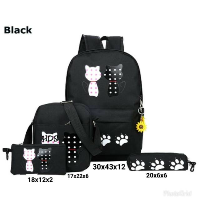 Fashion backpack motif cat polka TOKE /fashion ransel satu set murah