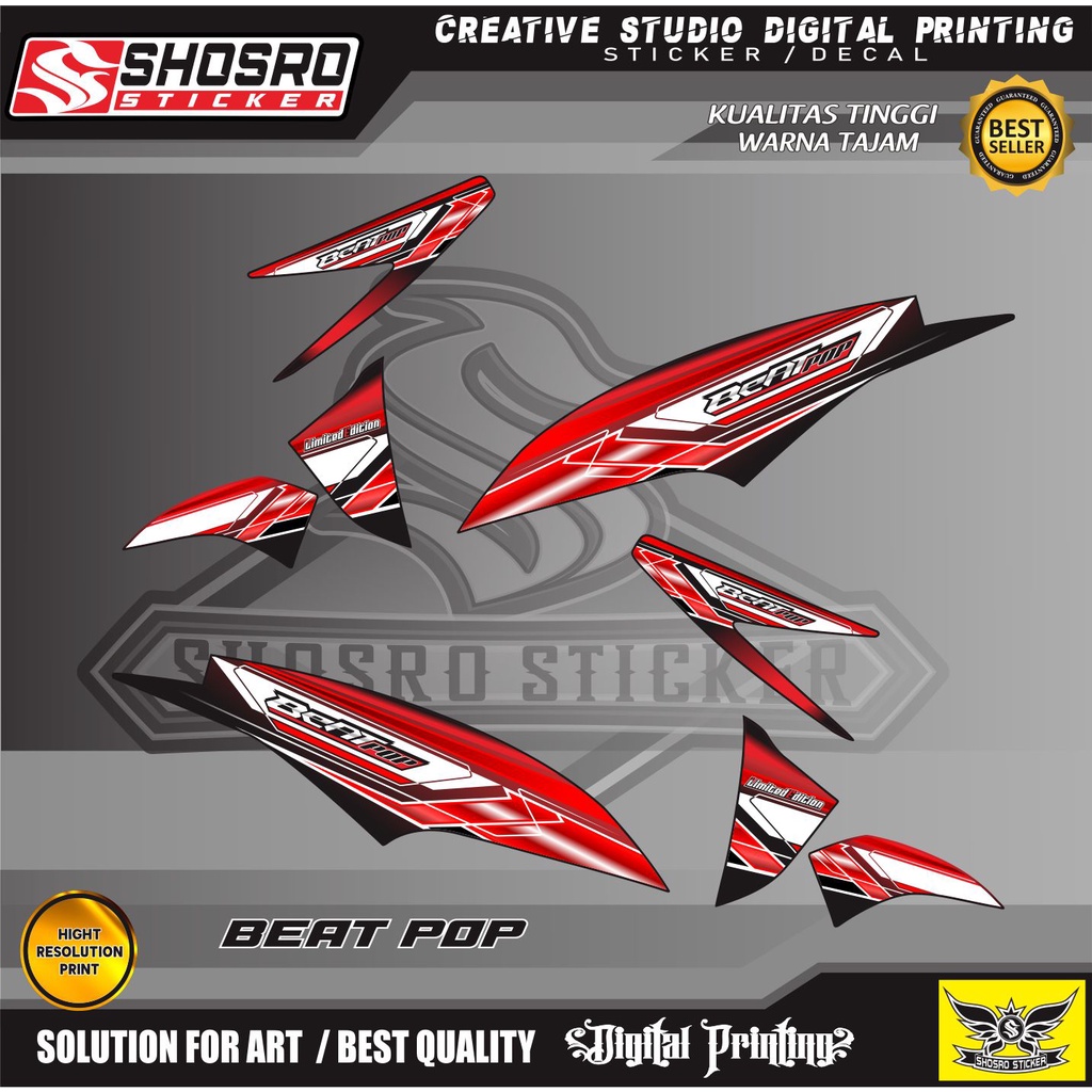 DECAL KS MOTIF COD-STRIPING VARIASI MOTOR HONDA BEAT POP MOTIF RACING SIMPLE HITAM MERAH LIST PUTIH