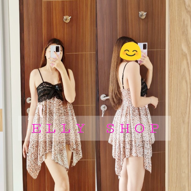 Sexy Brief Baju Daster Tidur Wanita Cantik Dan Sexi Macan Leopard Negligee Sling Lace Breast Import