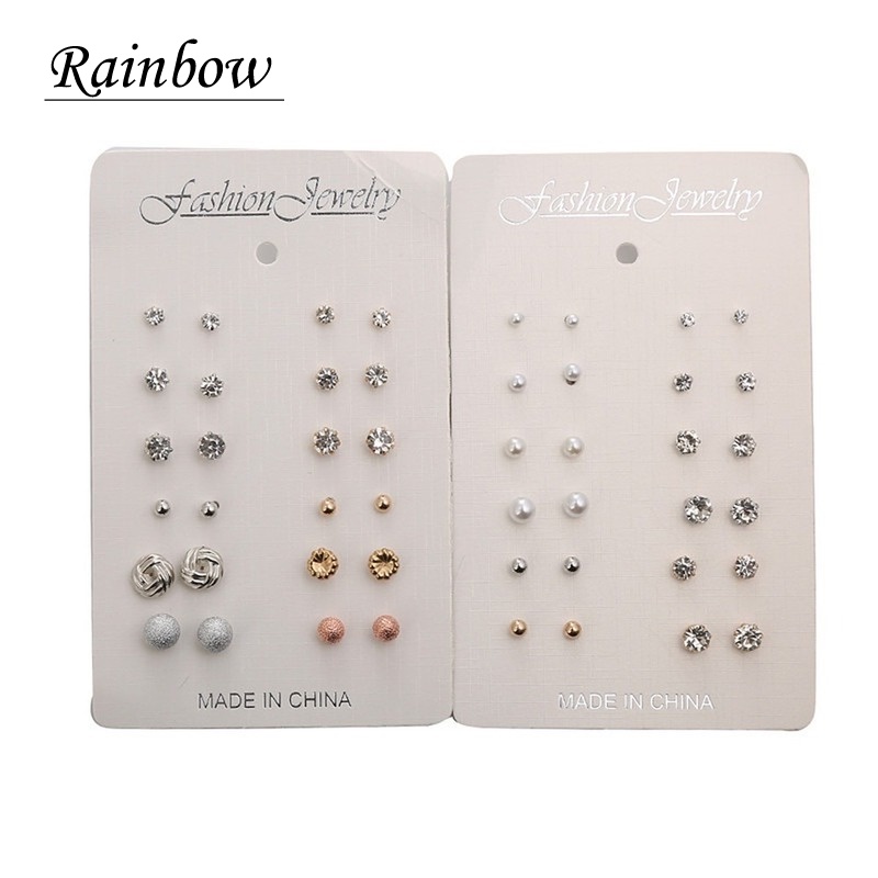 12 Pasang / Set Anting Tusuk / Stud Mutiara / Berlian Imitasi Untuk Wanita