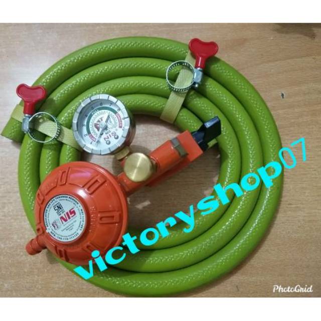 Paket Regulator Gas Pertamina Robot 0307 NIS + Selang Gas Serat Baja NIS+ Hose Klem