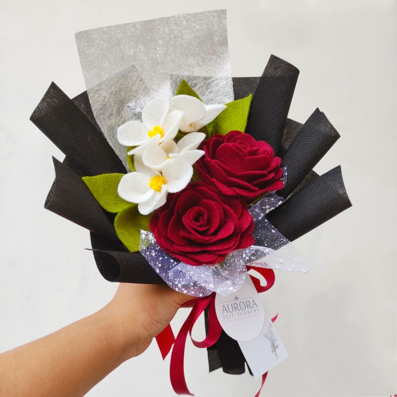 Buket Mawar maroon 2 tangkai Aurora Felt Flowers AFF2139 / Felt Flowers / Buket Bunga Flanel