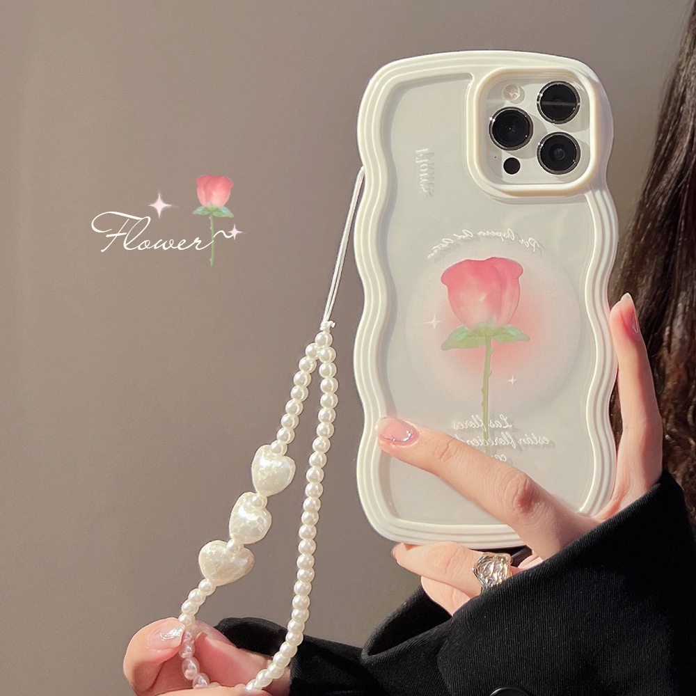 Musim Panas Halo Dyeing Rose Twist Edge White Phone Case Dengan Rantai Manik-Manik Mutiara Untuk X XR XS 11 12 13 14 PLUS Mini PRO MAX Soft Cover