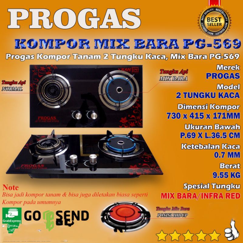 Progas , kompor , Gas , 2 tungku , Infra Red , Mix Bara, Tanam , kaca