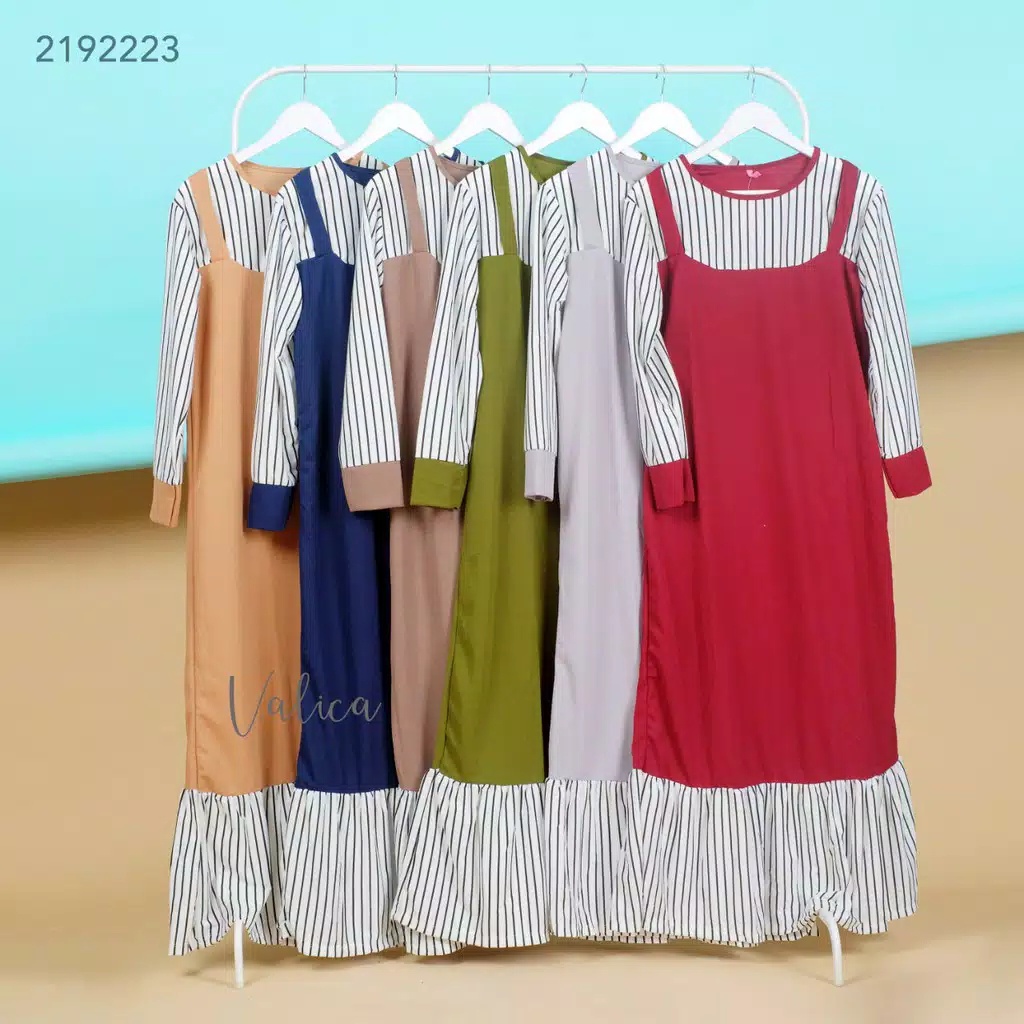 Gamis model overall motif salur bahan waffle velvet mix kaos merk valica (2192223)