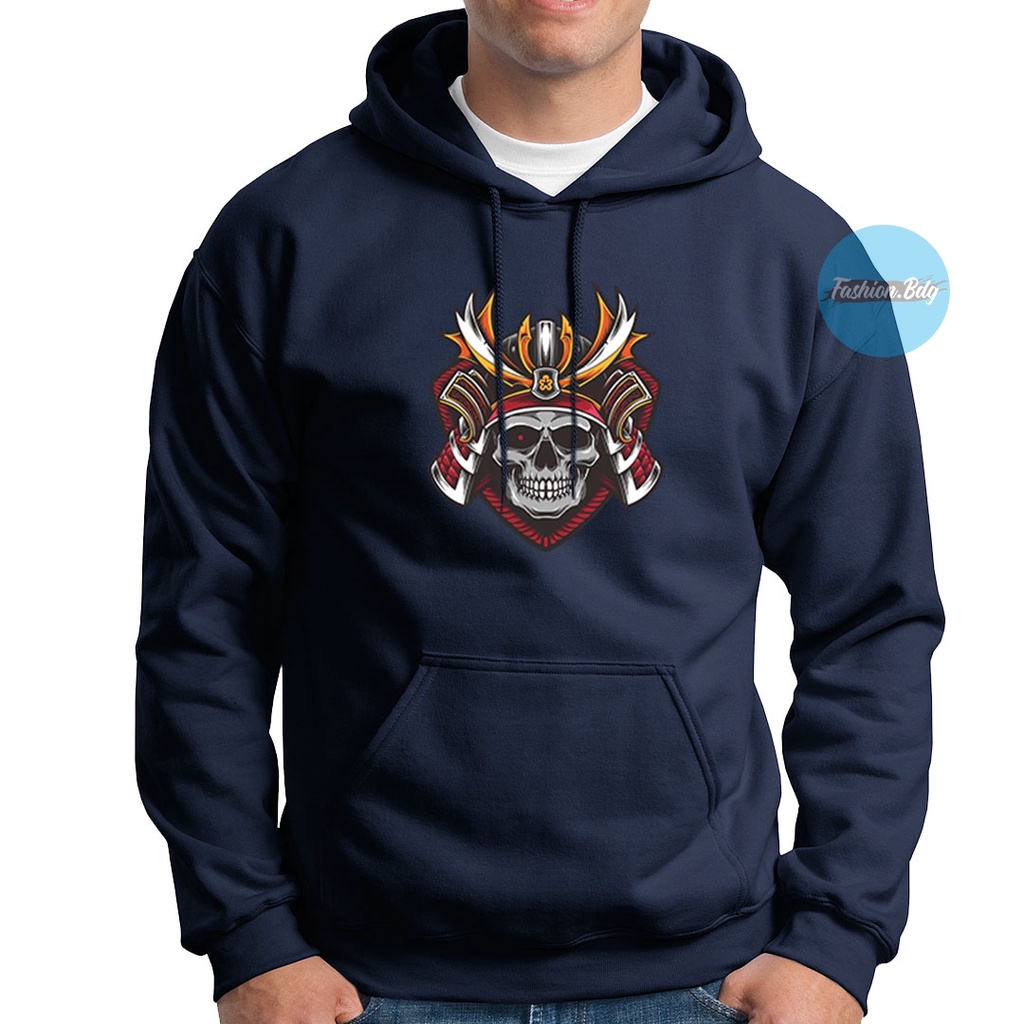 Sweater Hoodie Samurai Skull Bahan Fleece Warna Hitam Navy Merah Abu