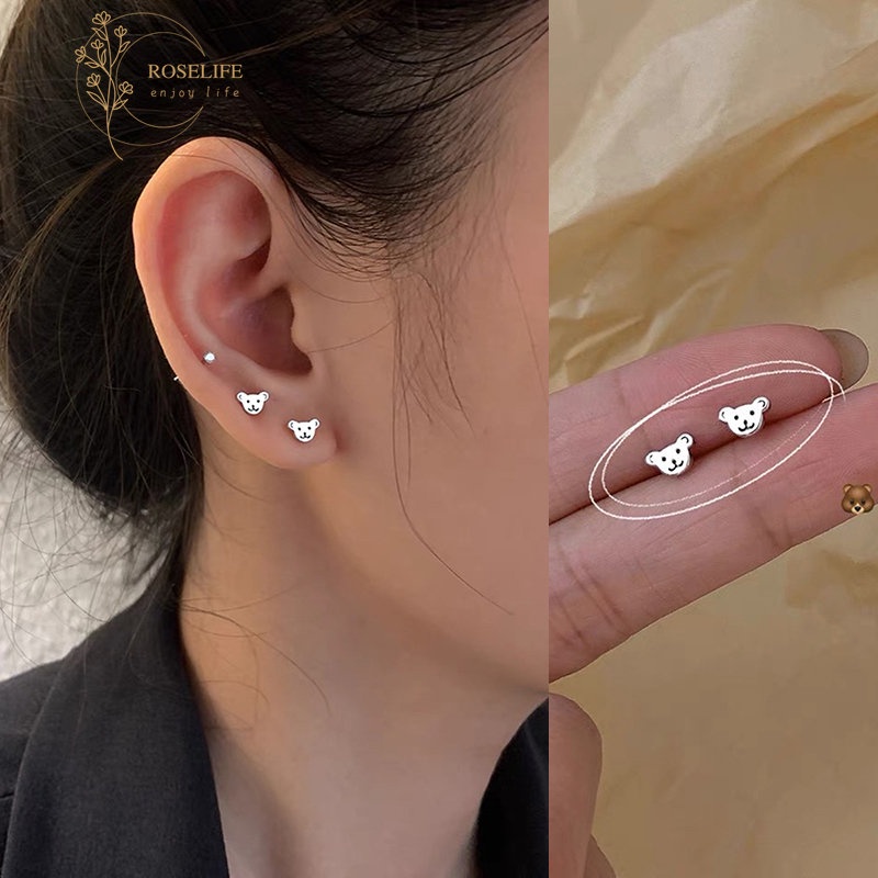 Roselife 1 Pasang Anting Tusuk Sterling Silver 925 Desain Beruang Lucu Gaya Korea Anti Alergi Untuk Wanita