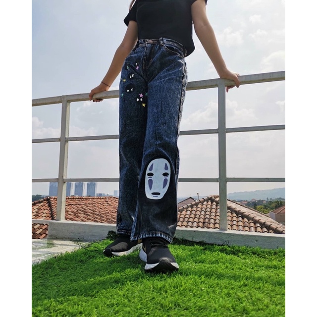 Celana jeans wanita highwaist kulot hitam no face (hand painted jeans)