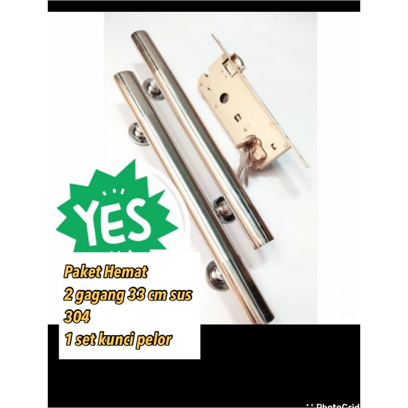 Kunci pintu set, 1 set kunci pelor stanlis+2pcs pull handle stanlis 33 cm