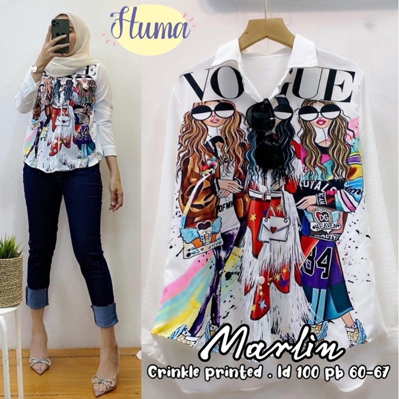 Atasan Wanita Crincle Printed • Lengan Panjang • Kemeja Wanita Printed