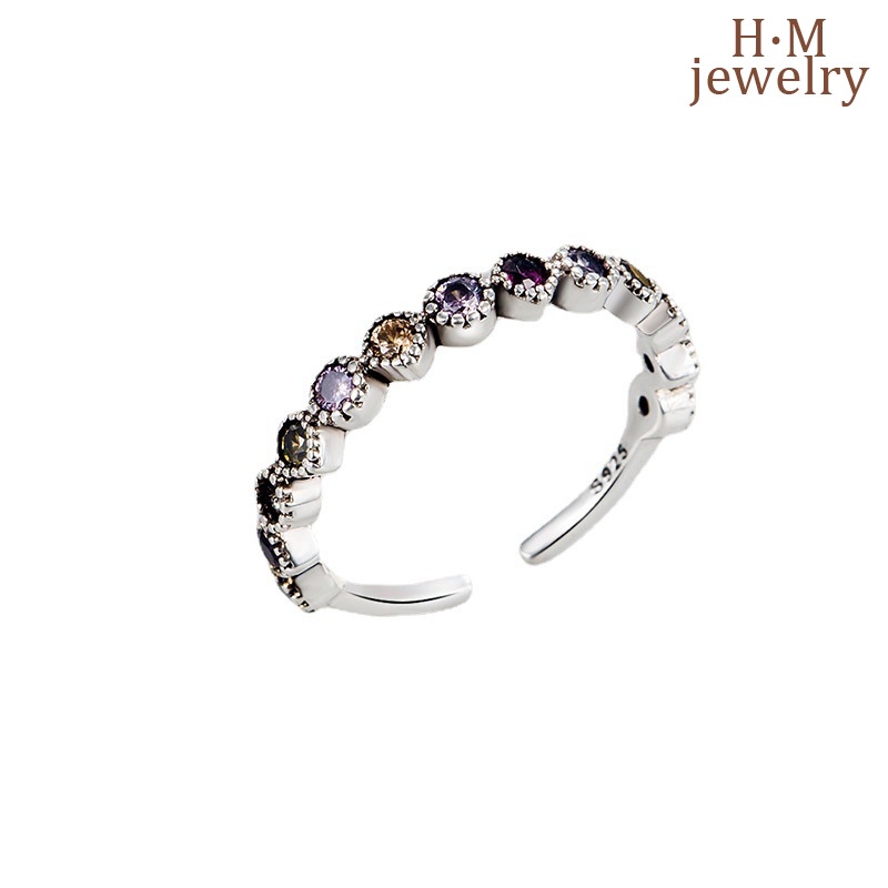 Cincin Silver S925 Model Terbuka Aksen Zircon AAA Warna Pelangi