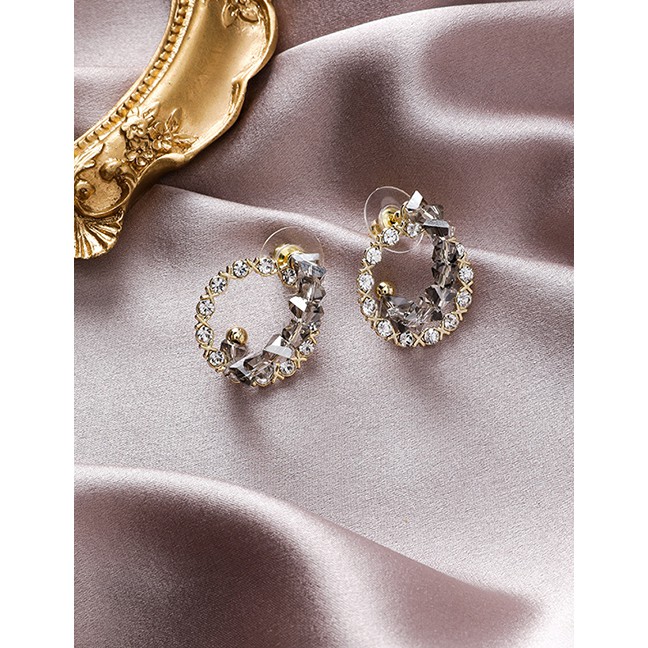 LRC Anting Tusuk Fashion A White Crystal Double Hoop Earrings With Diamonds D71051