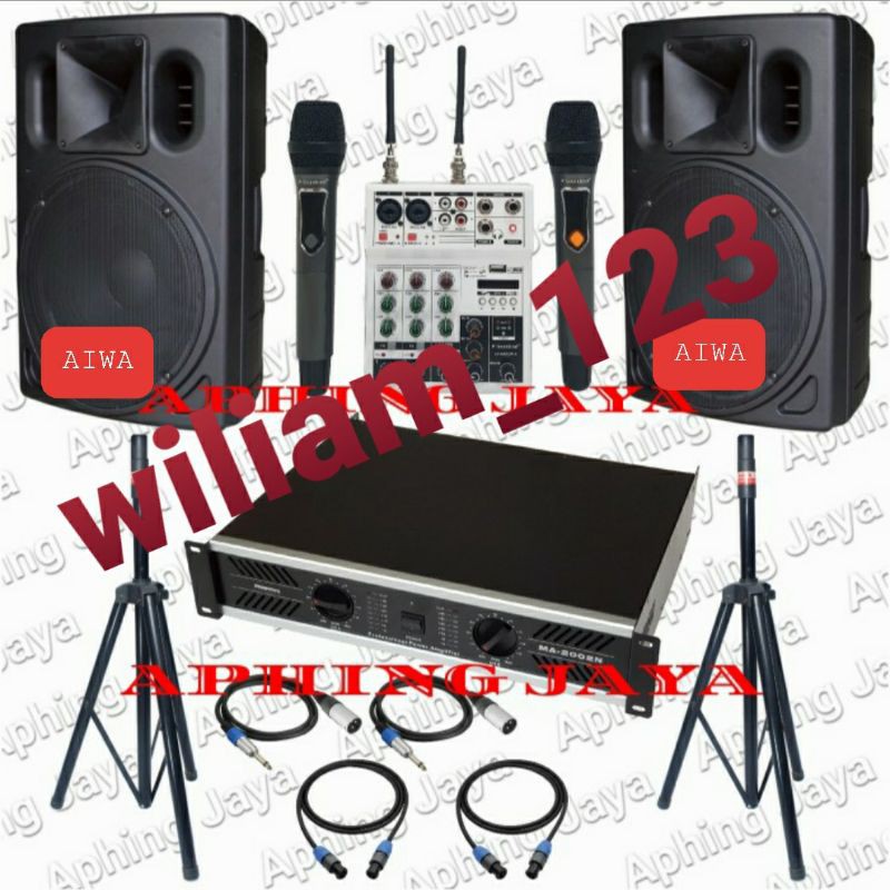 Paket Sound System Indoor Outdoor Speaker 15inch + Power Amplifier + Mixer + Microphone Wireless