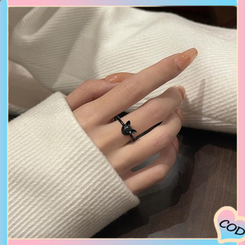 COD❤️ Cincin Kucing Hitam Wanita Trendi Desain Niche Cincin Jari Telunjuk Fashion Kepribadian Cincin-A.one