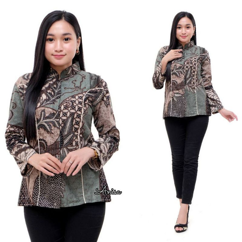 BATIK WANITA ATASAN KANTOR MODERN MONALISA GENES M,L,XL,XXL asli PEKALONGAN-BK Kate Ijo