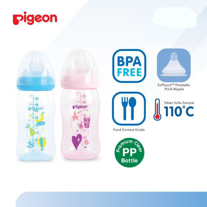 Pigeon PP Wide Neck with P-Plus Nipple Botol Susu [160mL/240 mL]