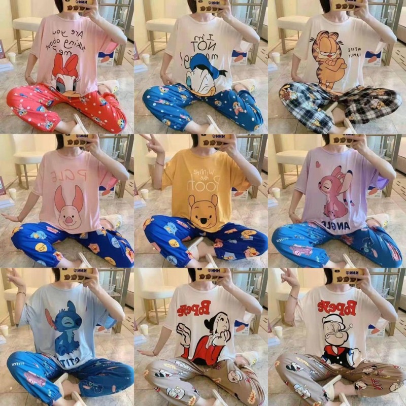 Baju TIdur Piyama Wanita Import Oversize CP Lengan Pendek Joger Spandex