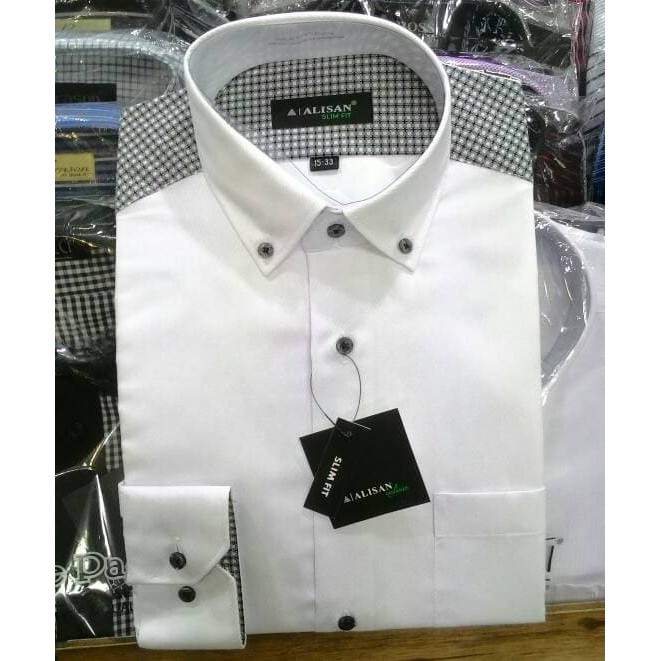 Kemeja Pria Alisan Panjang Slimfit Putih Dobby Ulir Variasi Pundak - Putih, S Best Quality