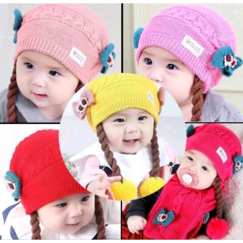 Topi Rajut Bayi Perempuan/ Topi kupluk Bayi / Topi rajut kepang