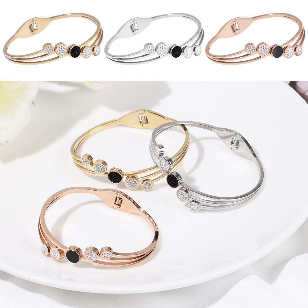 R-bunga Baja Titanium Zirkon Oval Bangle Aksesoris Perhiasan Wanita Perempuan Unik Memutar Gelang