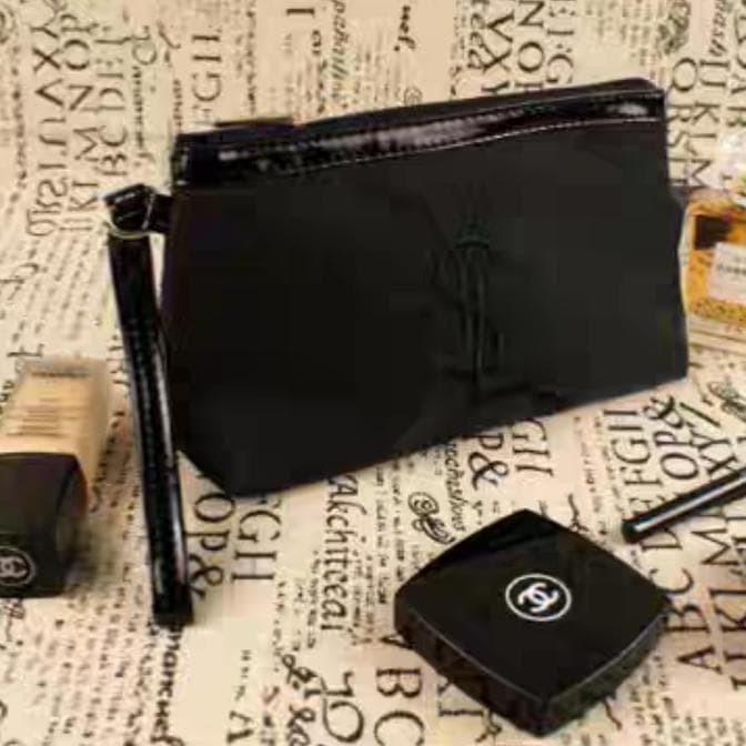 Promo Tas Kosmetik Pouch Makeup Branded - Ysl Embroidery Black - Hitam Murah