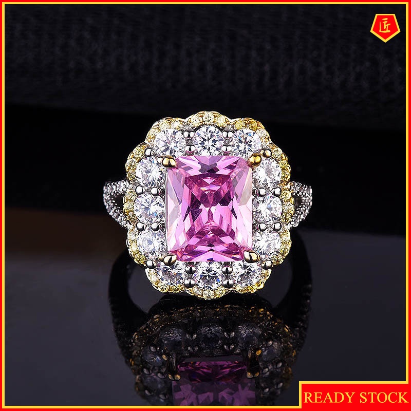 Cincin Kristal Berlian Bentuk Kotak Warna Pink