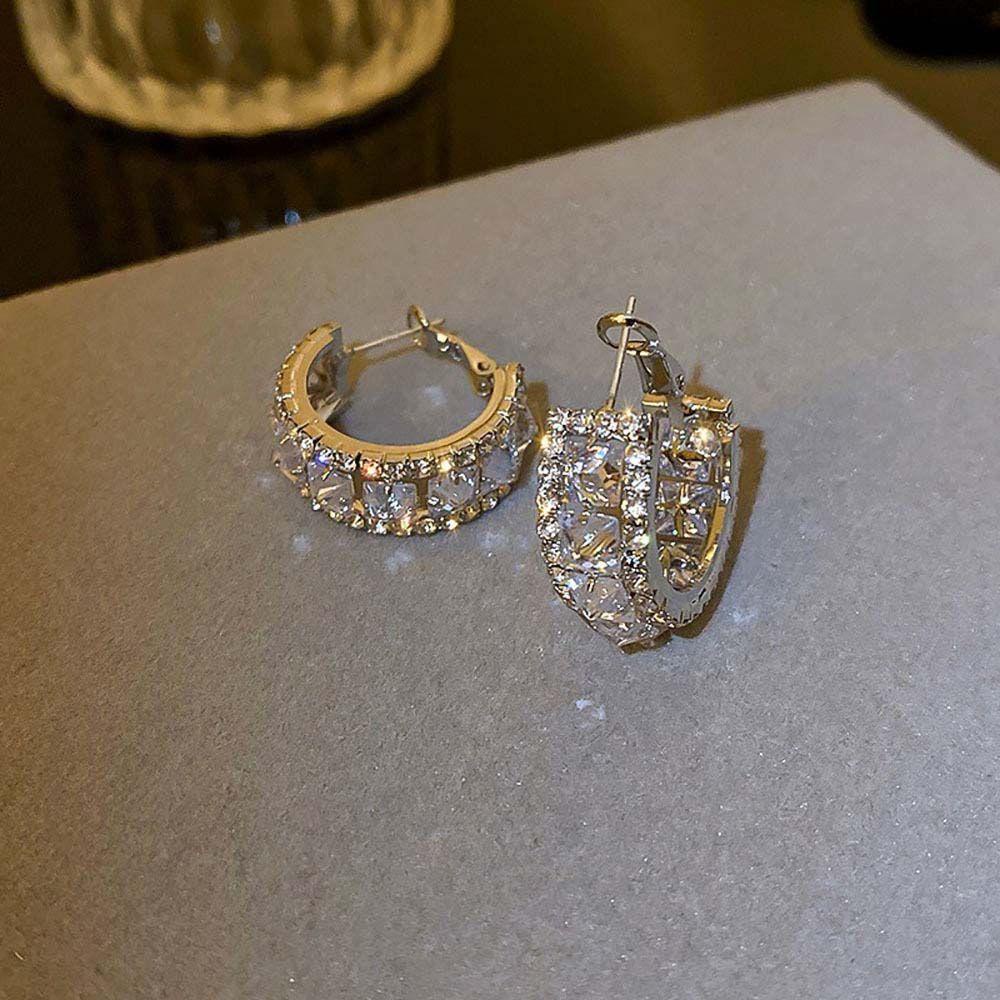 Needway Anting Hoop Geometris Mengkilap Kecil Gaya Wangi Berlian Imitasi Bulat Aksesoris Telinga Zirkon Anting Korea