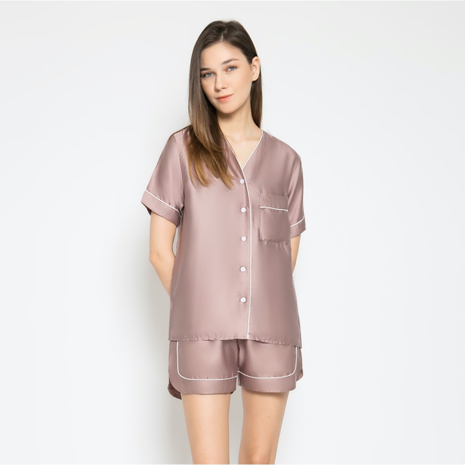 Mauve ORGANIC SILK Non-Collar Pajamas  Set Tencel Piyama-2