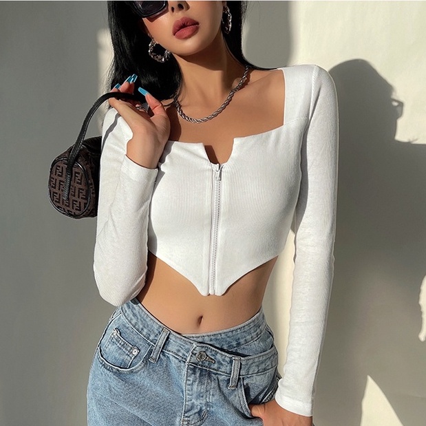 【AMY J】Square Neck Long Sleeve Zip Up Hanky Hem Crop Top 7062 （S/M/L）