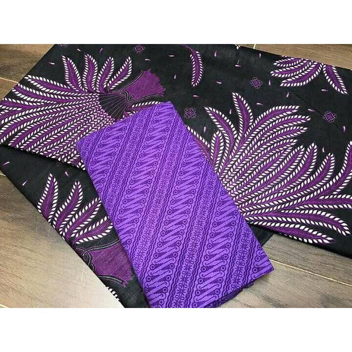 Kain Batik Print Pekalongan Motif Bunga Padi Set Embos Warna Ungu