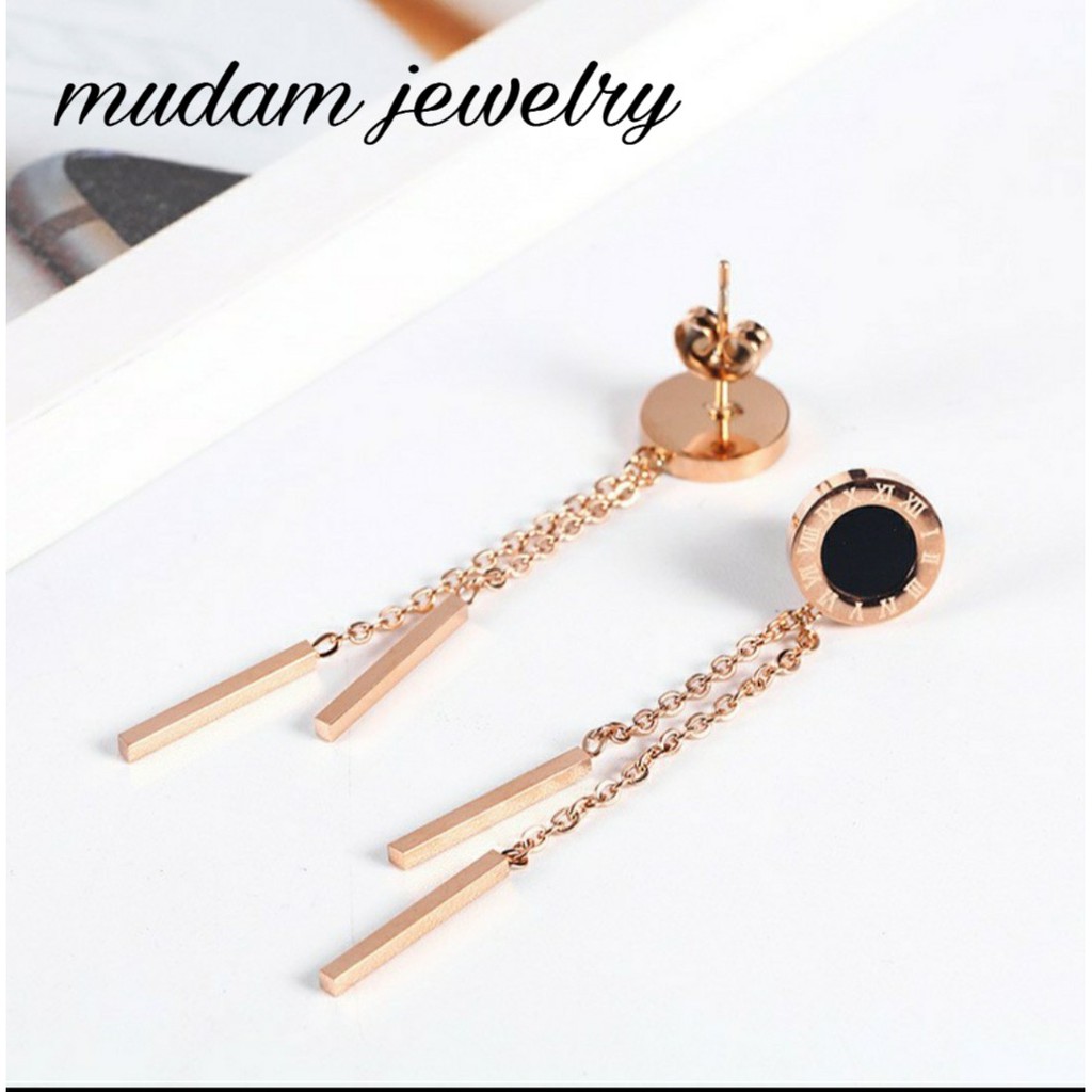 Anting Titanium Romawi Bulat Hitam Roman Juntai Gold dan Rose Gold