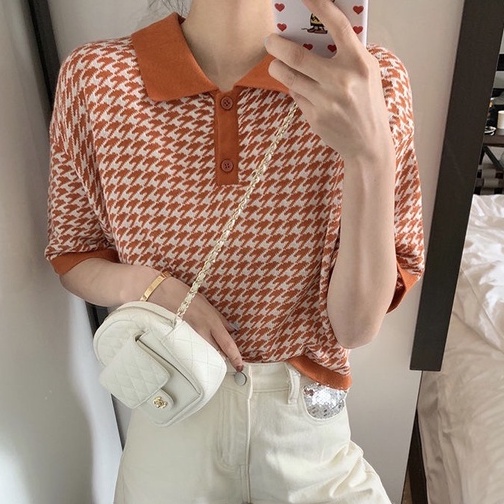 JOY atasan houndstooth polo crop korea rajut garis retro casual