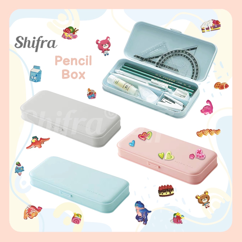 Shifra Tempat Pensil Case Box Plastic Rigid Pink Blue Grey (Free 1 Sticker Random)