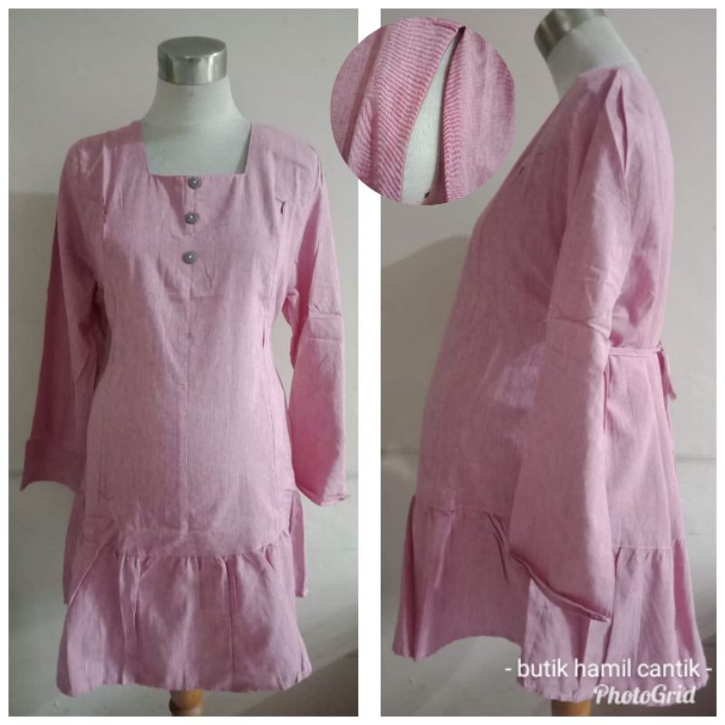 Kemeja hem baju tunik Hamil katun lengan panjang kerja kantor menyusui strip kecil katun 100%  4518