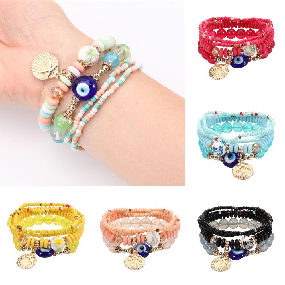 4pcs / set Gelang Multilayer Charm Kerang Mata Jahat Gaya Bohemia Untuk Hadiah