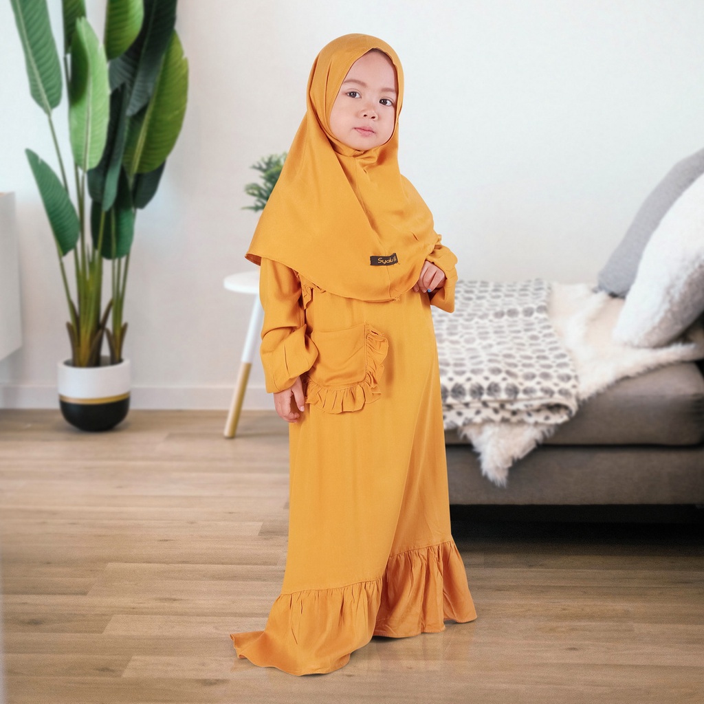 Set Gamis Humaira Anak Usia 1 Sampai 2 Tahun Bahan Rayon Twill Premium Polos Mustard