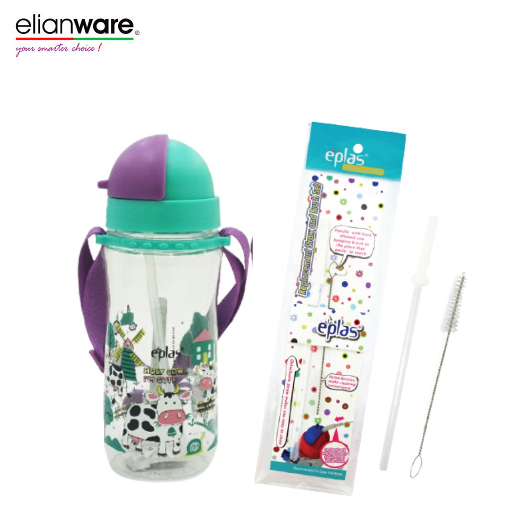 EPLAS Kids Water Bottle With Straw, Removable Strip (580ml) + Bottle Straw & Brush Set (2pcs)