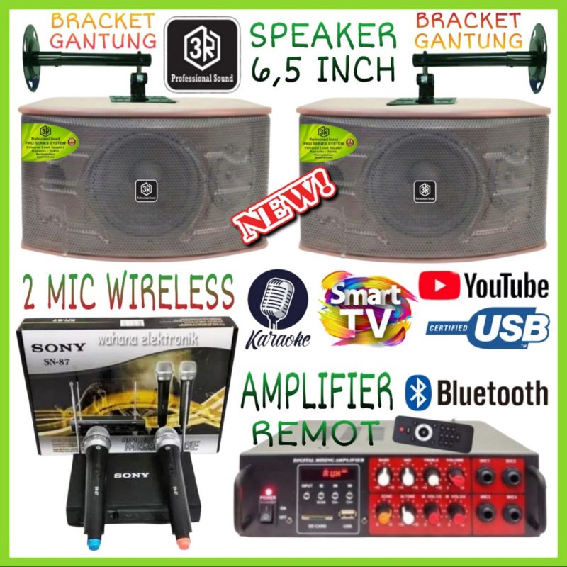 Karaoke Set 3R Speaker 6,5 Inch Ampli Karaoke Smart Tv 2 Mic Wireless