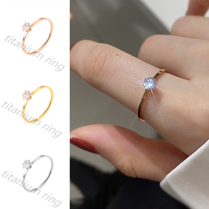 Cincin Titanium Fashion Wanita Gaya Korea Rose Gold Cincin Berlian Tunggal