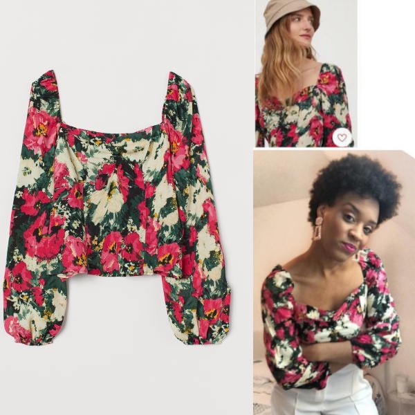 H and M Crop Blouse Flower baju wanita motif bunga // sisa ekspor